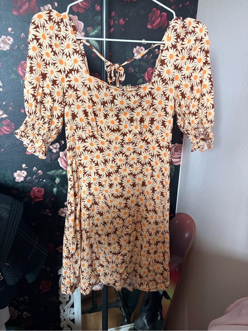 Mango Cream and Orange Daisy Square-Neck Mini Dress